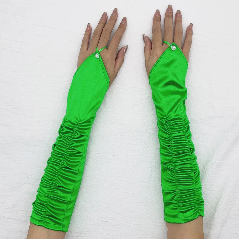 Women Satins Wrinkles Hot Drill Hook Finger Gloves Evening Dinner Opera Proms Wedding Dress Fingerless Long Gloves Party Cosplay