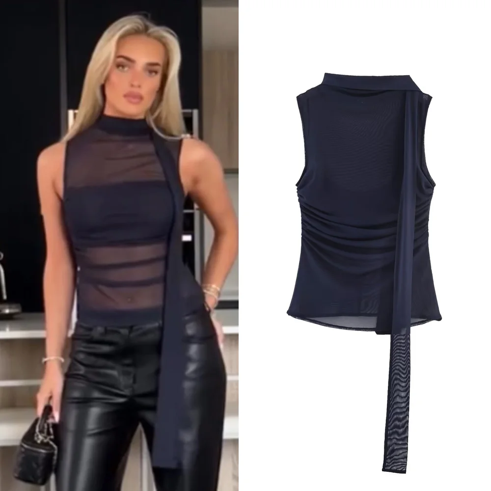 Women's Mesh Yarn Scarf Collar Tank Tops Chic Fashion Summer Sleeveless Transparent Tops 2026 High Street Holidays Slim Top