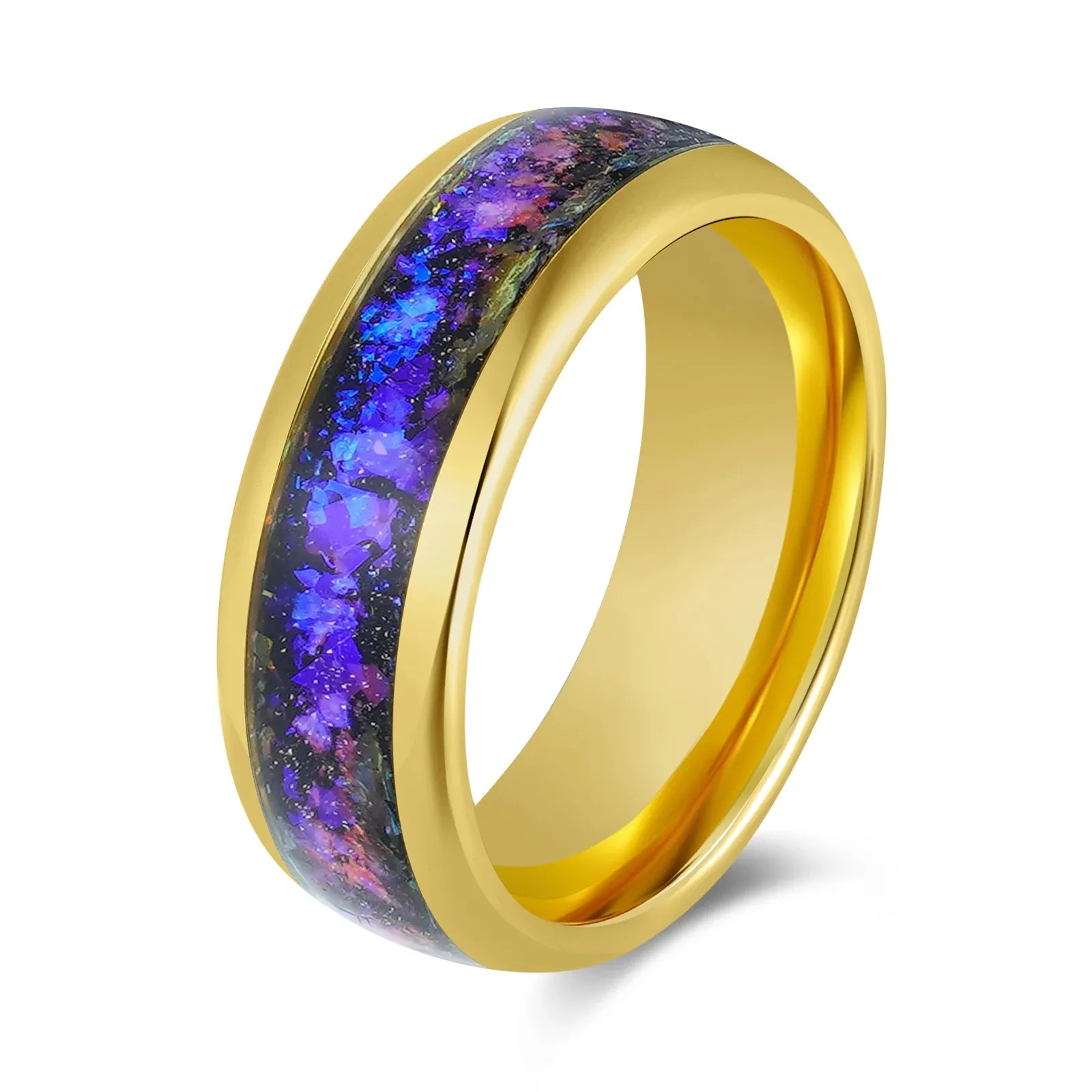 カスタム-8-ミリメートル幅タングステン結婚式男性リングゴールドメッキインレイブルー星雲銀河作成オパールコンフォートフィットサイズ-7-12