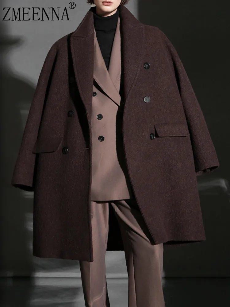 

ZMEENNA женское коричневое двубортное шерстяное пальто большого размера с лацканами и заниженными плечами, теплое зимнее пальто ZM4534
