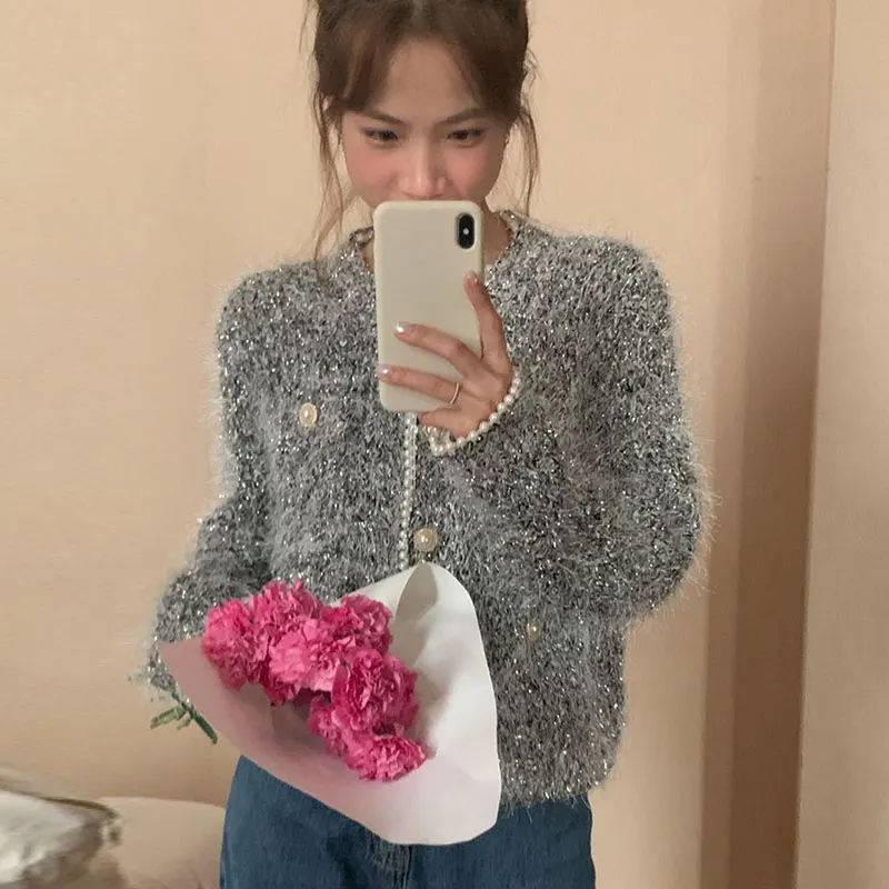 Pearl Beading Elegant Knit Cardigan Sweater Women Korean Stylish Shiny Thread Tops Long Sleeve O-neck Vintage Coats Jumpers 2024