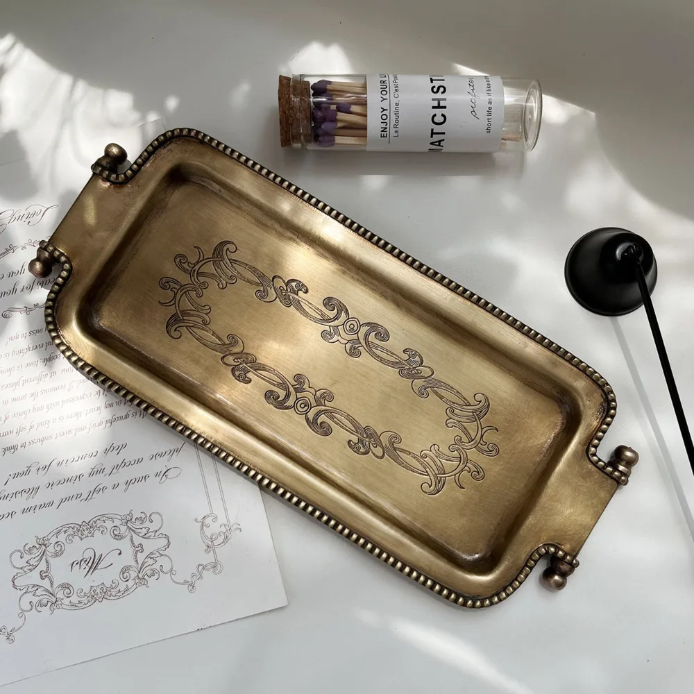 Imported Brass French Retro Tray Brass Storage PlateAromatherapy Organizer PalaceVintage Carved Decorative Serving Plate