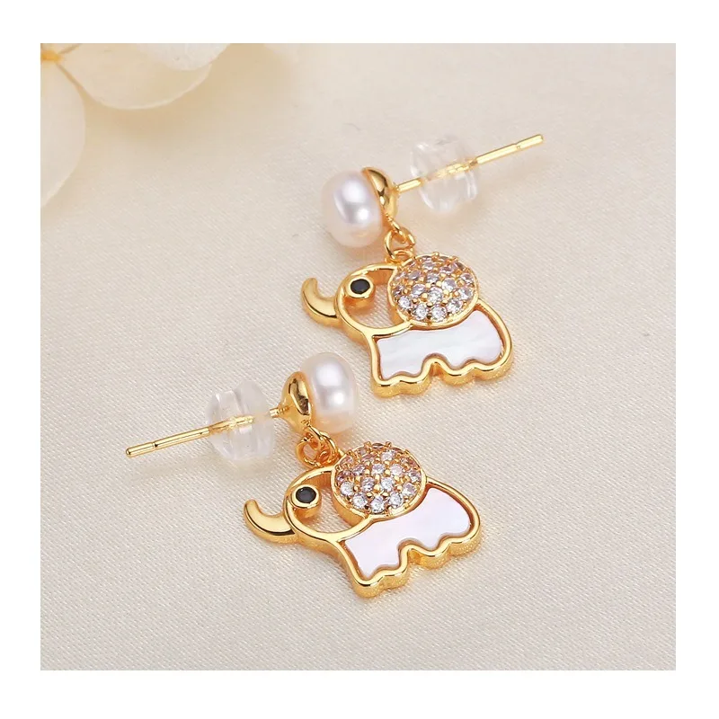 Pendientes de Perlas de Agua Dulce, Elegantes y Modernos, con Microcirconitas, Diseño de Elefante Bebé, Pendientes de Perlas con Diseño Exclusivo