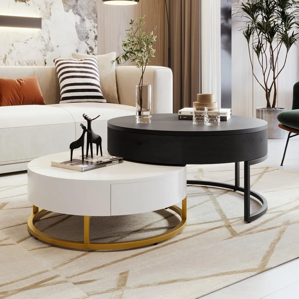 Modern Round Lift-top Nesting Coffee Tables with 2 Drawers for Living Room White & Black