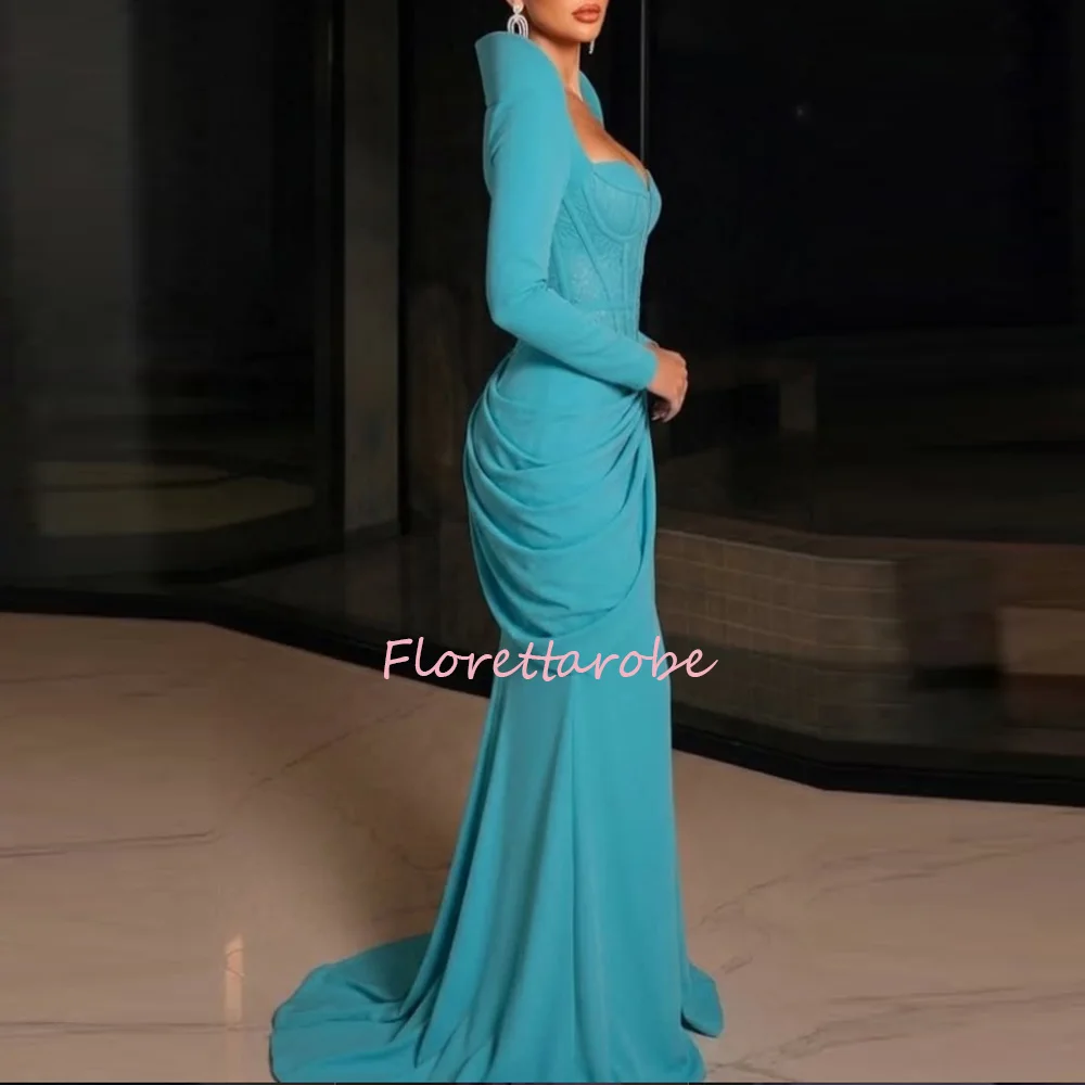 Customized  Formal Evening Dress Long Sleeve Structured Shoulder Square Cowl Waist Ruched Side Floating Sash Prom Gown