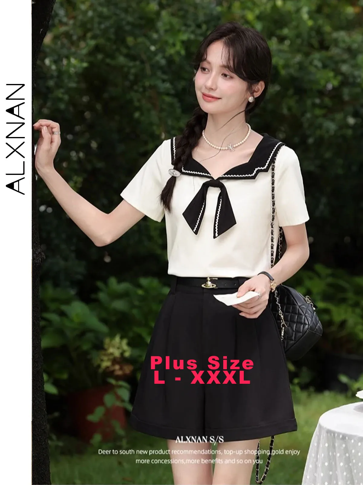 

ALXNAN Plus Size T-shirt Navy Collar Cotton Women's Short Sleeve T-shirts 2025 Summer Apricot Elegant Loose-fit Tops D12019