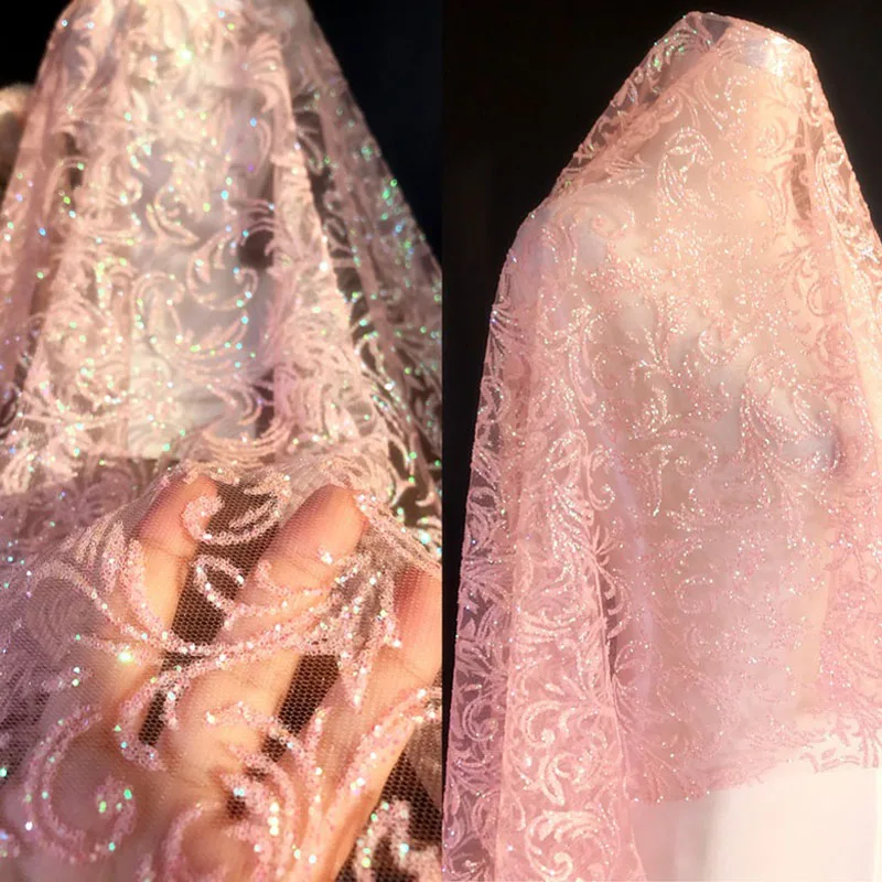 

Розовый блестящий марлевый материал с блестками, высококачественная ткань с рисунком золотого тиснения для вечернего платья, ткань для шитья своими руками