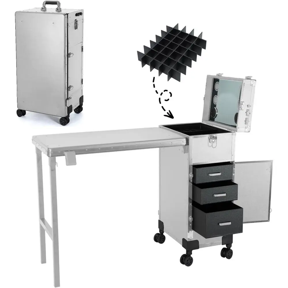 Portable Makeup Case with Folding Nail Table and 3 Drawers | LED Mirror, Bluetooth Speaker, Rolling Cart, Ideal for Nail Artists
