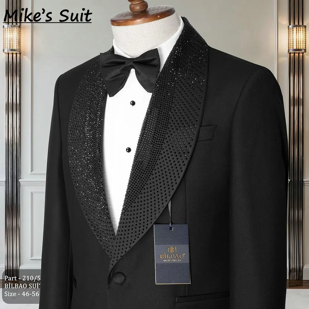 Black Glitter Crystal Neckline Men's Business Suit For Wedding Groom Wear Prom Man Suits Blazer 2 Pieces Set Jacket+Pant