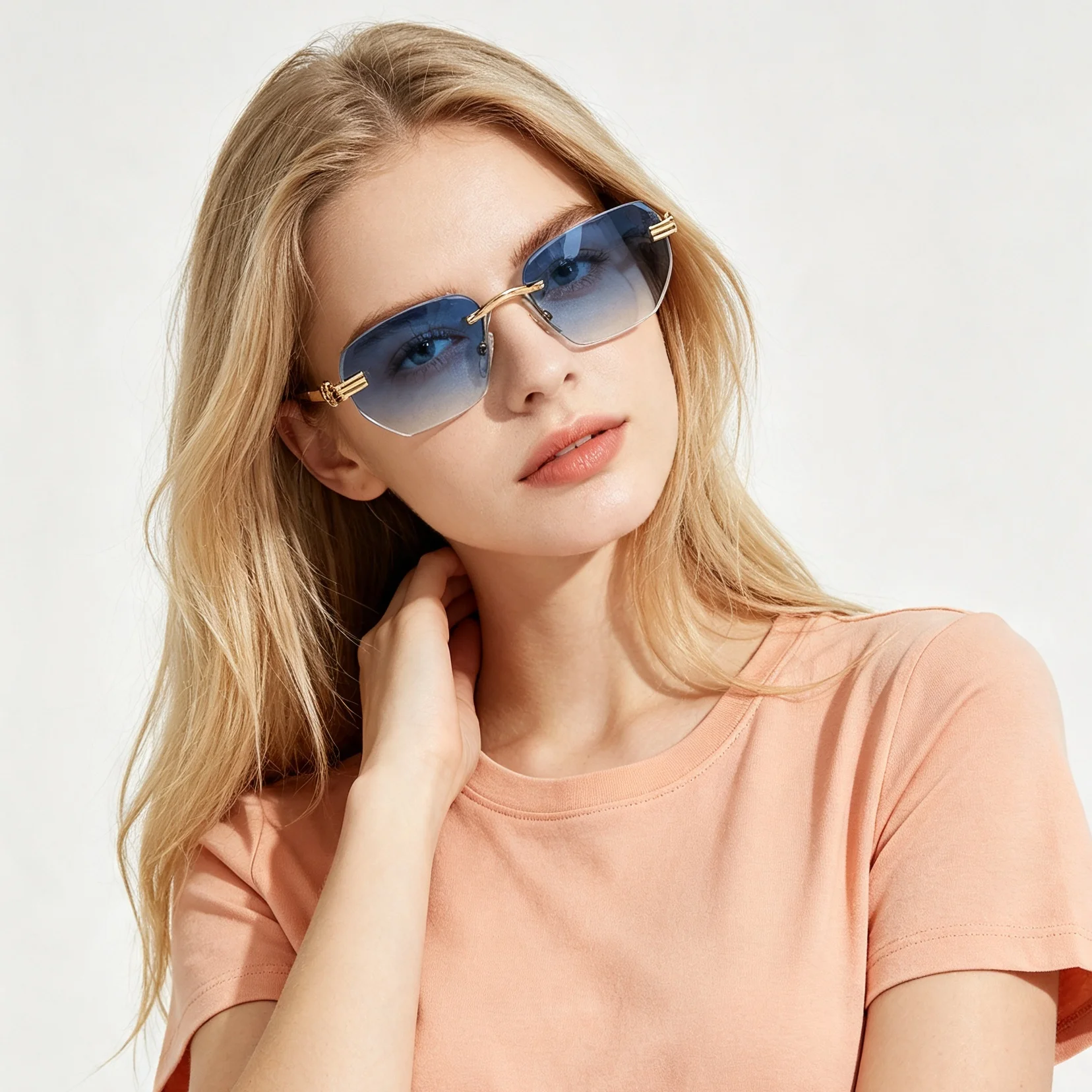 Rimless Gradient Sunglasses for Women Gold Metal Decor Temples UV400 Cutting Lens Fashion Travel Beach Shades Eyewear