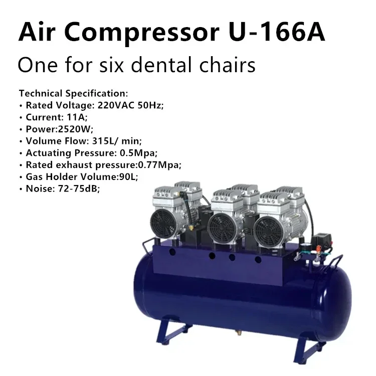 U-166A لـ 6 كراسي قوية صامتة دن تال ضاغط هواء خالي من الزيت حجم التدفق 315L/min ga s حامل 90L لوحدة den tal