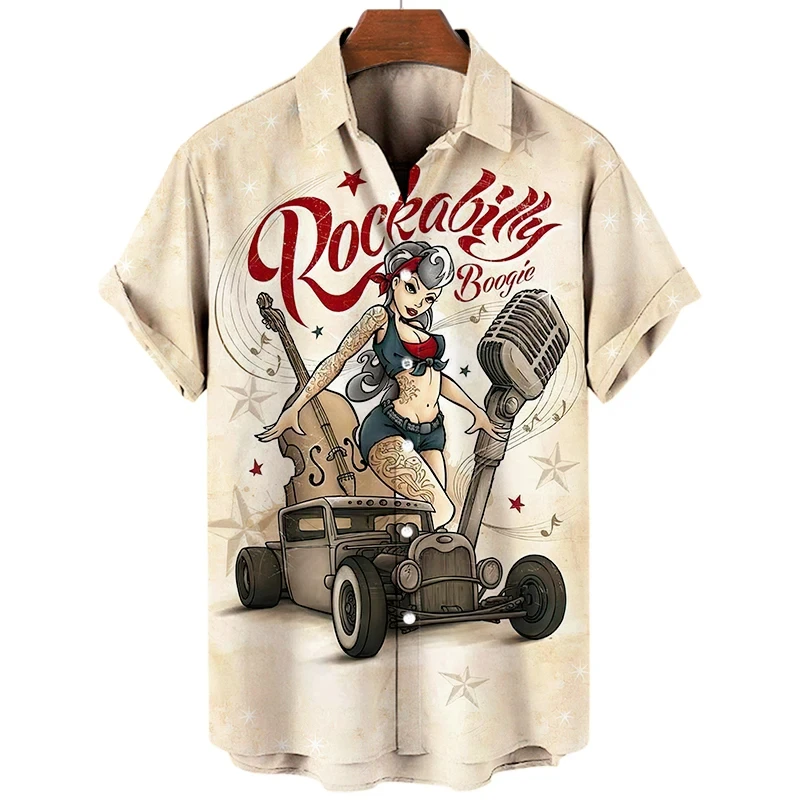 Vintage Rocker Rockabilly Shirts Men Clothing 3D Printed Vacation Shirt Short Sleeve y2k Vintage tops Fashion Lapel Blouse