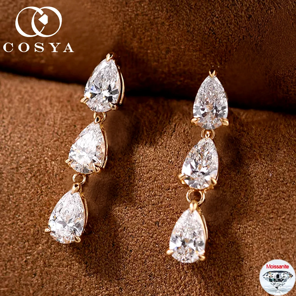 

Серьги-подвески COSYA с муассанитом в форме груши для женщин, серебро S925 с позолотой 18K, 6 камней, сверкающие, в форме капли, для вечеринок