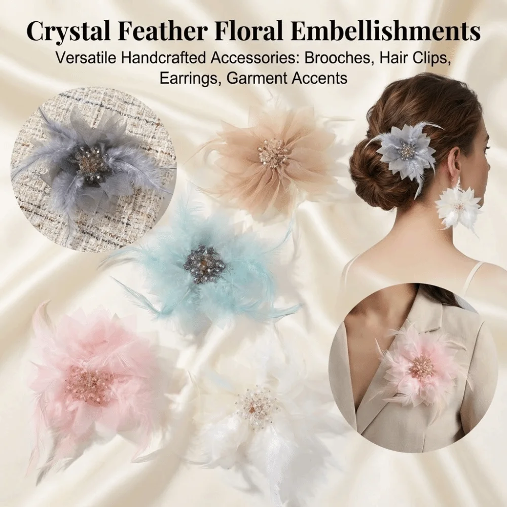 Elegant Handmade Feather Brooches Pearl Exquisite Bridal Wedding Badge Lace Hair Accessories Crystal Flower Corsage DIY Sewing