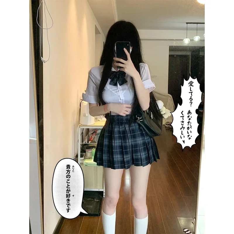 Falda de uniforme Jk Original Harajuku para mujer, conjunto de camisa elástica a cuadros corta plisada de cintura alta auténtica para perro, Sexy y ajustado