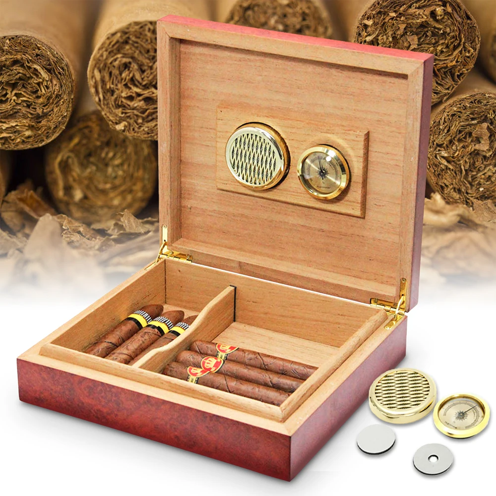 20 Count Cigar Humidor Box Brown Cedar Wood Lined Portable Cigar Humidor Humidifier With Hygrometer Case Box Moisturizing Device