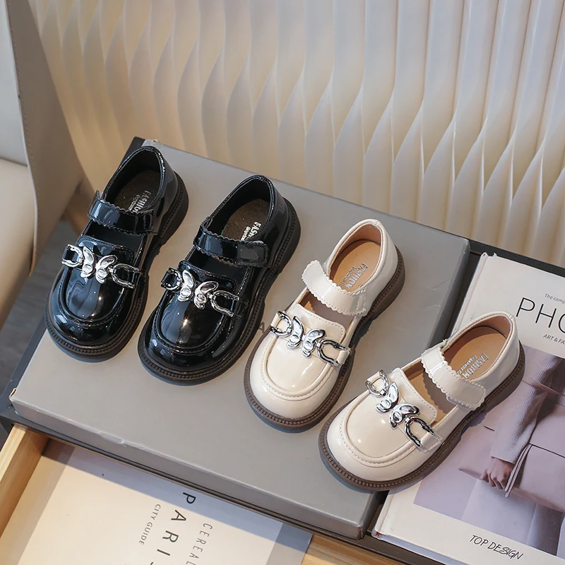 Metal Buckle Bow Girls Round Toe Anti Slip Leather Shoes Spring Autumn Outdoor PU Princess Leather Shoes Sandalias De Mujer