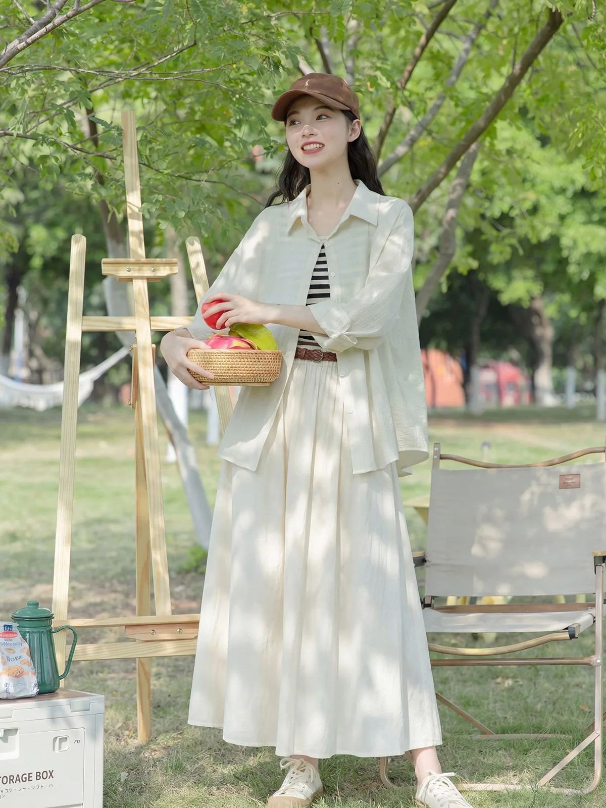 High Waist Midi A-Line Skirt with Belt Vintage Hong Kong Style Women's Summer Half-length Umbrella Skirt by Me Ning