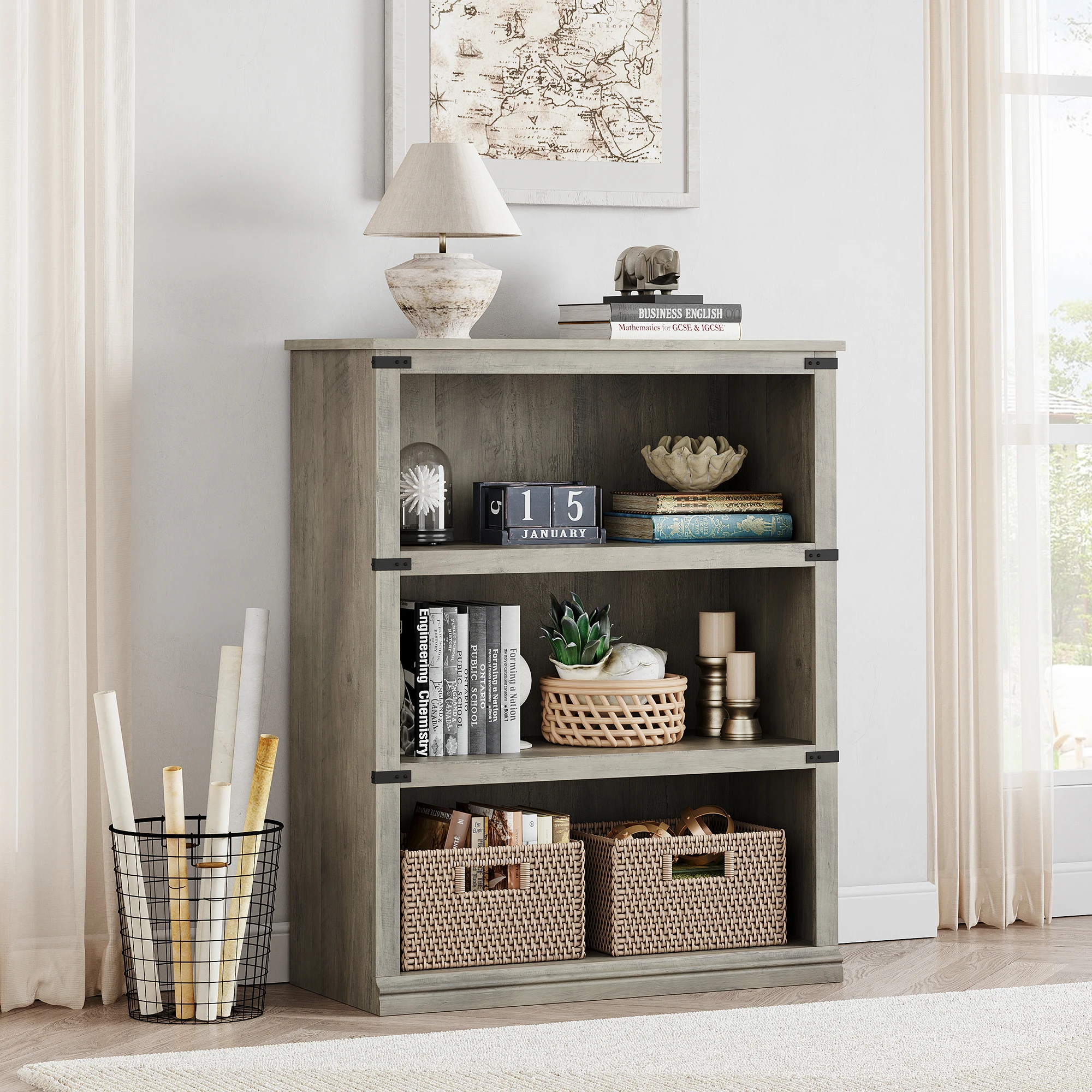 3-stöckiges Farmhouse-Bücherregal mit Stauraum, offenes Display-Bücherregal, hohes Bücherregal, Holzmöbel für Büro und Wohnzimmer – Detail 5