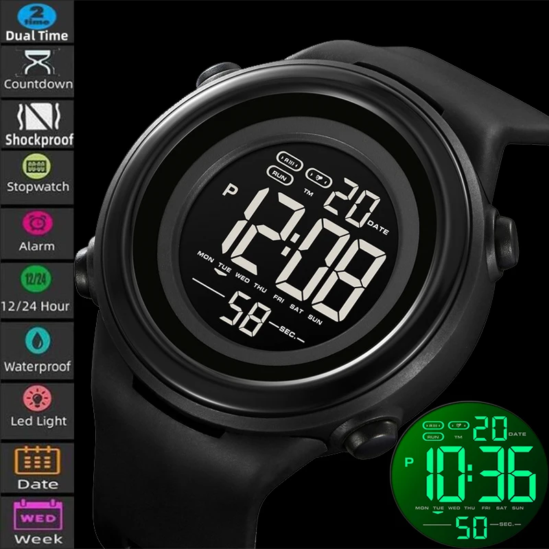 Skmei Original Sports Waterproof Watches for Mens Dual Time Zone LED Stopwatch Alarm Clock Male Digital Electronic Wristwatch