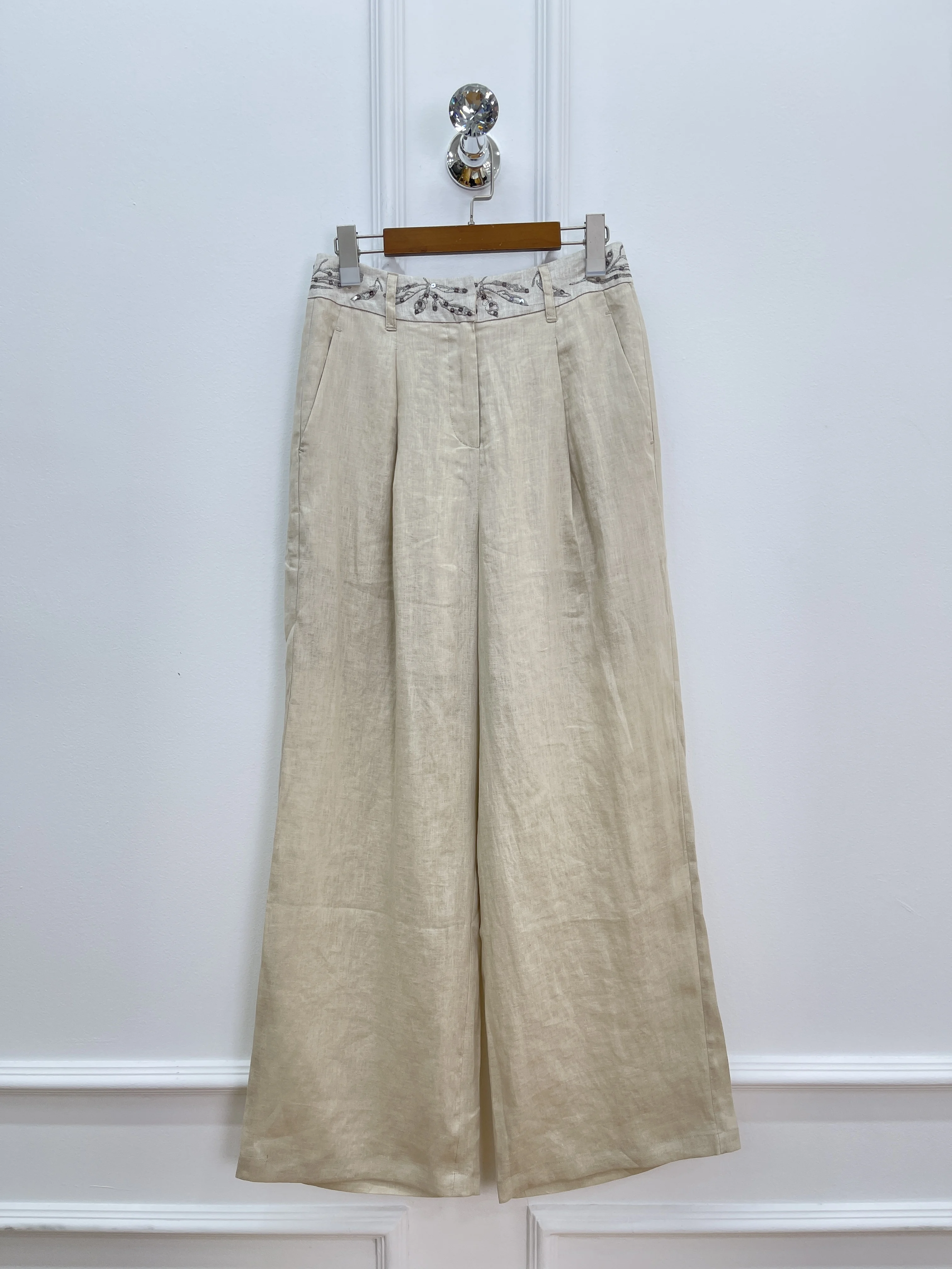 

2025 Spring And Summer New Linen Trousers Embroidered Sequins Simple Fashion Women'S Wear