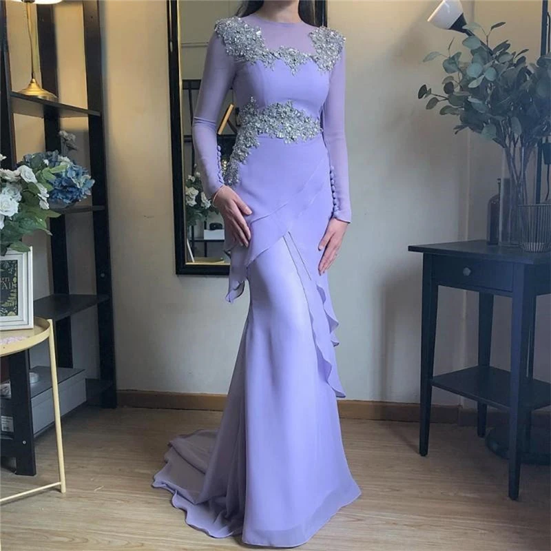 Lavender Muslim Mermaid Evening Dresses Long Sleeve Tiered Appliques Beads Saudi Arabic Formal Evening Party Gowns