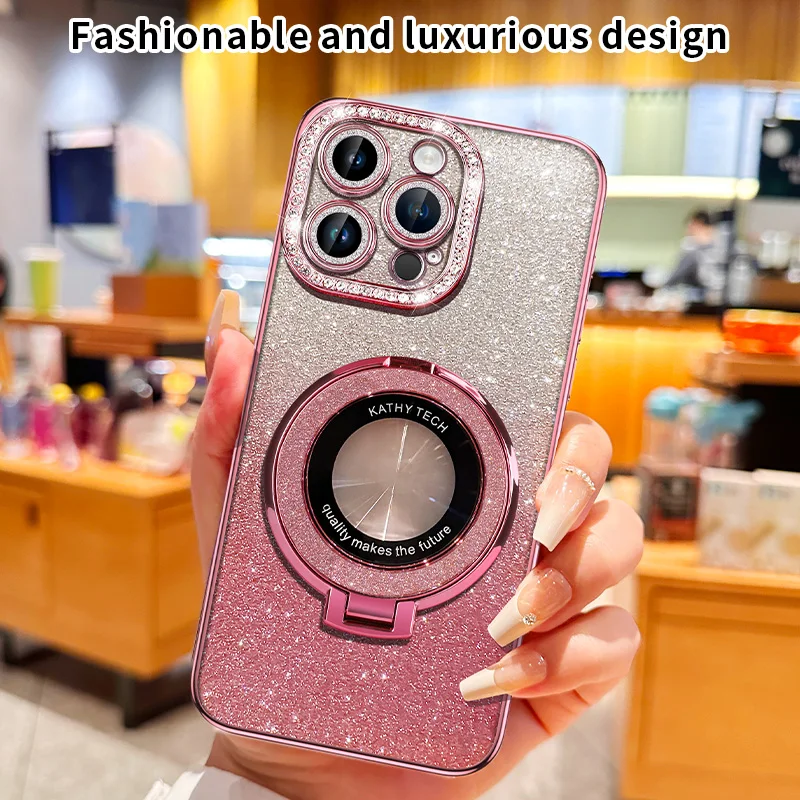 For iPhone 15 14 Plus 13 12 11 Pro Max Phone Case, Flash Powder Gradient Rhinestone Electroplating Bracket Cover