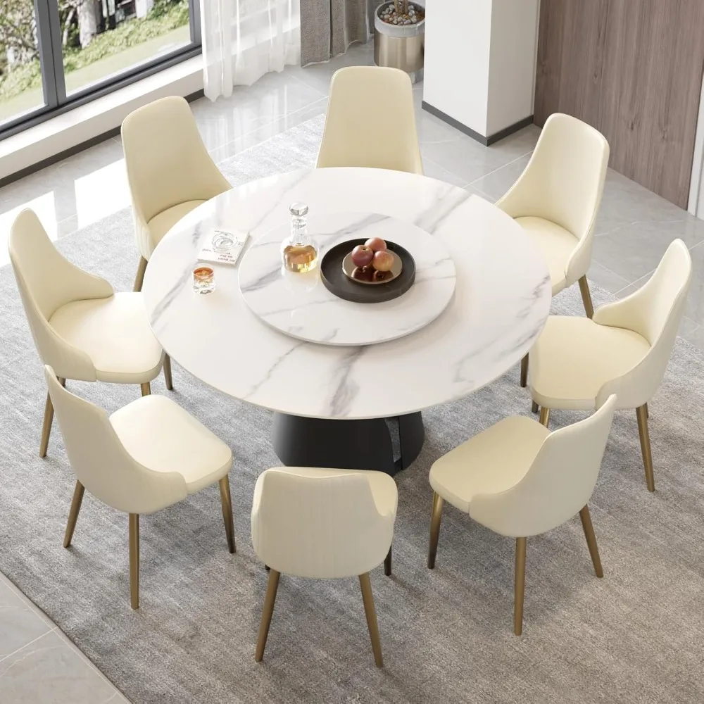 

Round Dining Table for 8, White Sintered Stone Tabletop, Round Black Carbon Steel Base, 59" Kitchen Dining Room Table