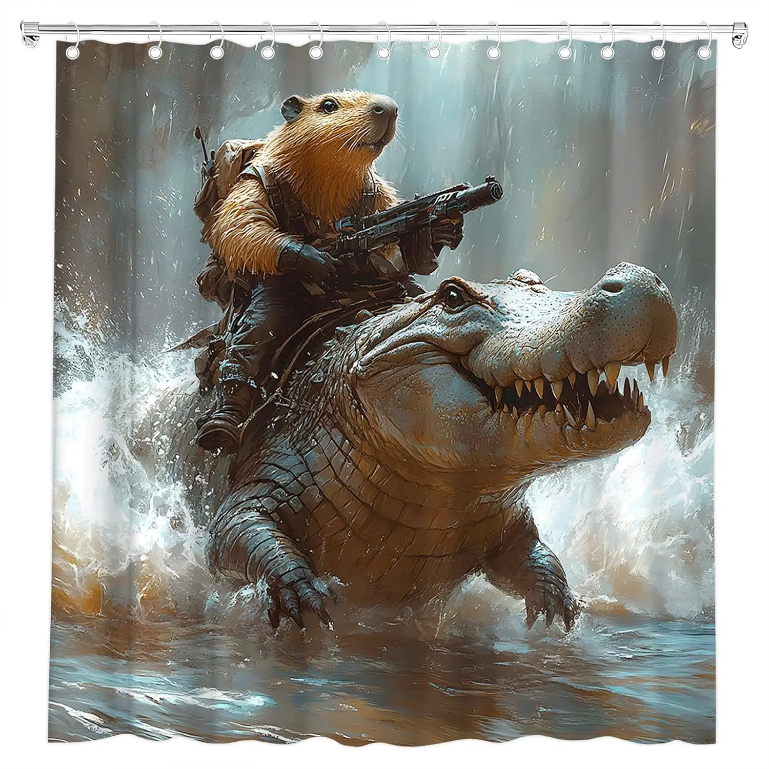 Funny Capybara Riding Crocodile Shower Curtain, Cool Rodent Sea Wave Ocean Decor, Wild Animal Waterproof Washable
