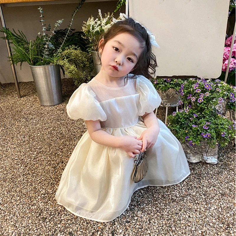 Baby Girls Bow Puffy Dress Bubble Sleeved Princess Dress Girls\' Summer Casual Dress