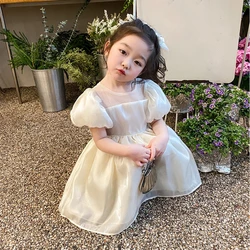 Baby Girls Bow Puffy Dress Bubble Sleeved Princess Dress Girls' Summer Casual Dress