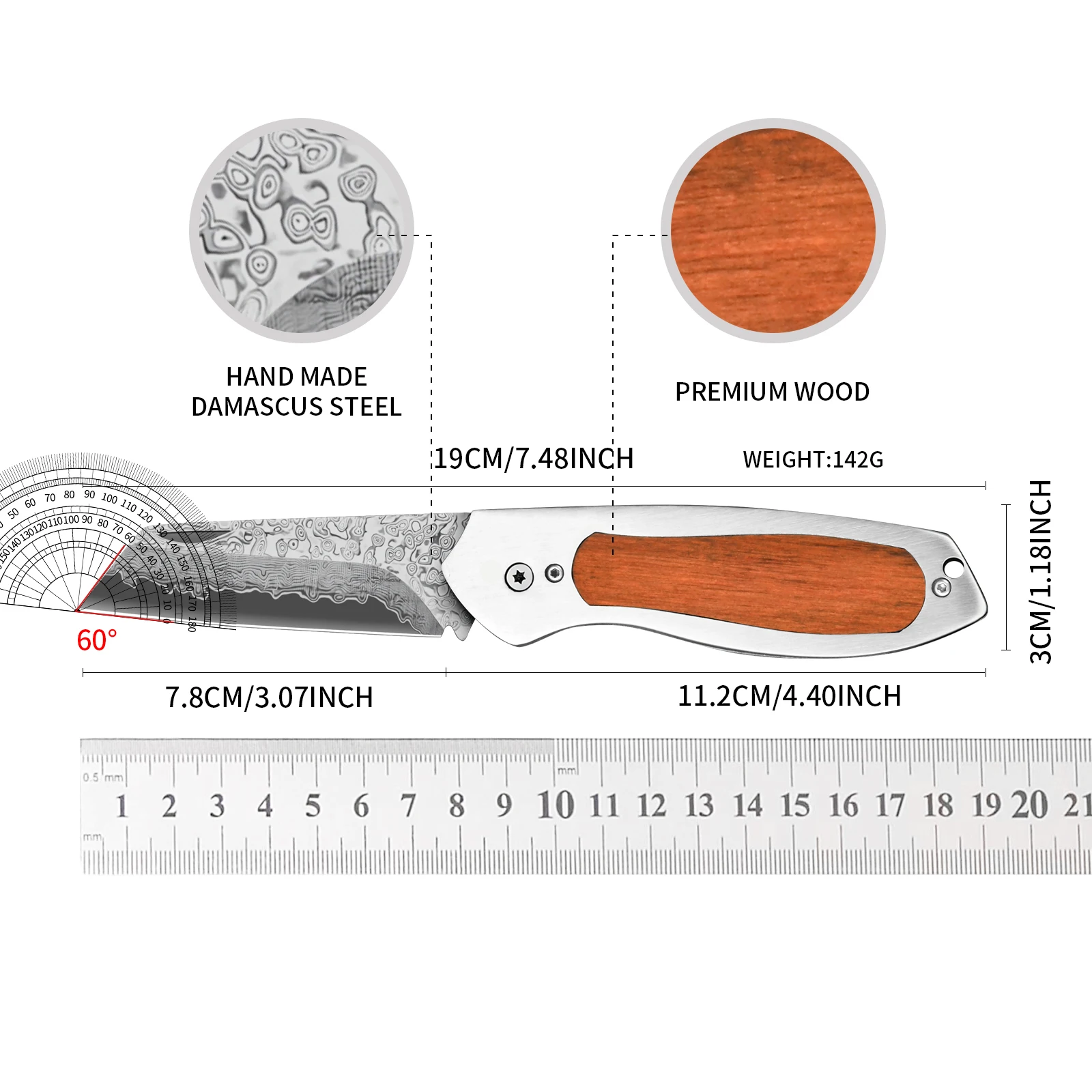 Neues Klappmesser aus Damaszener Stahl mit Holzgriff, Outdoor-Taschenmesser, Angel- und Überlebensmesser mit Geschenkbox.