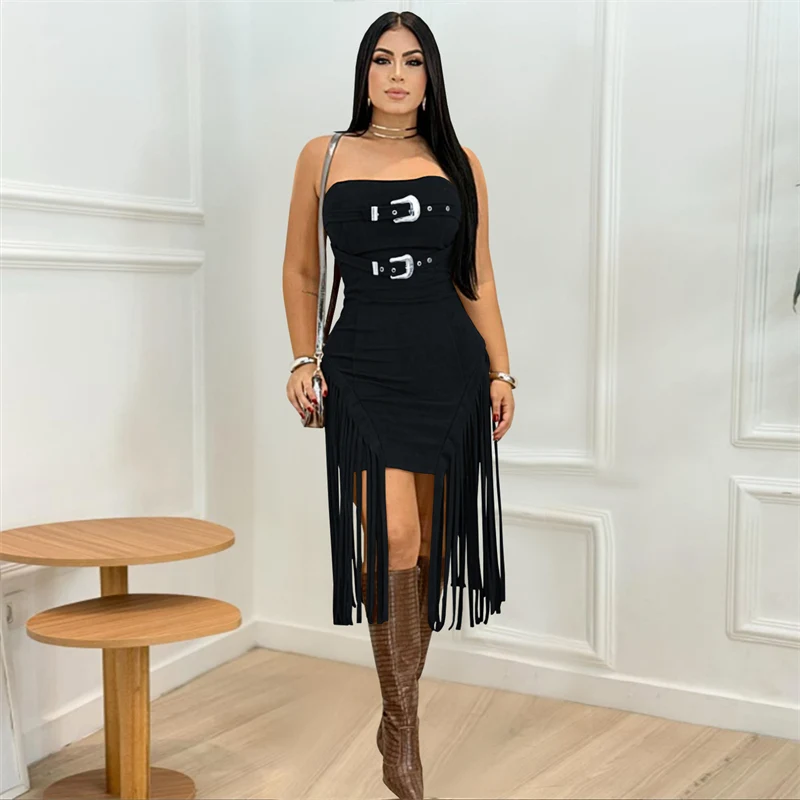 Vestidos Midi sexis sin mangas sin tirantes con dobladillo y borlas para mujer, vestido De noche ajustado con botones De Metal para vacaciones De verano, Vestidos De Fiesta