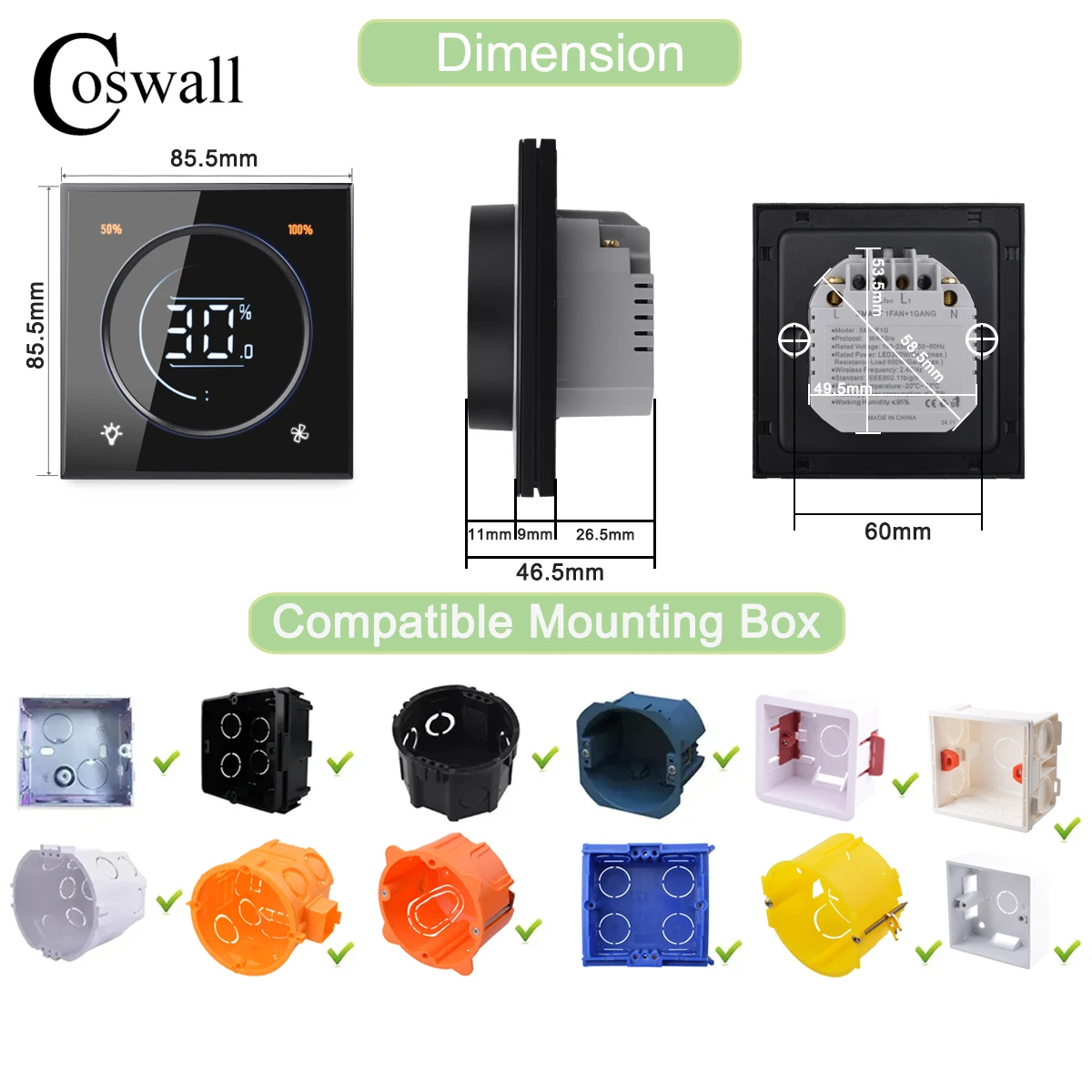 Glass Panel Wifi/Zigbee Smart Light Switch With Knob Fan Controller 300W Max. AC110-240V Digital LCD For Ceiling Fan Lamp