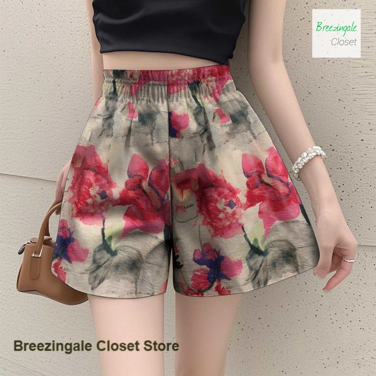 

Large-size printed ice silk wide-leg shorts women's summer new fashion loose Joker casual thin cold straight beach pants.