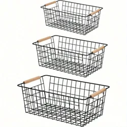 3PCS Nordic Style Wrought Iron Storage Basket Metal Storage Basket Living Room Kitchen Desktop Mesh Bottom Storage Basket