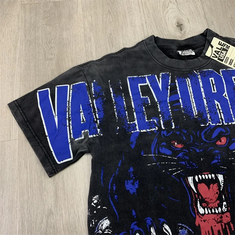 

American Streetwear Brand VALLEY Black Mens Short Sleeves Pure Cotton Washed Skull Print Vale Oversized T-Shirts