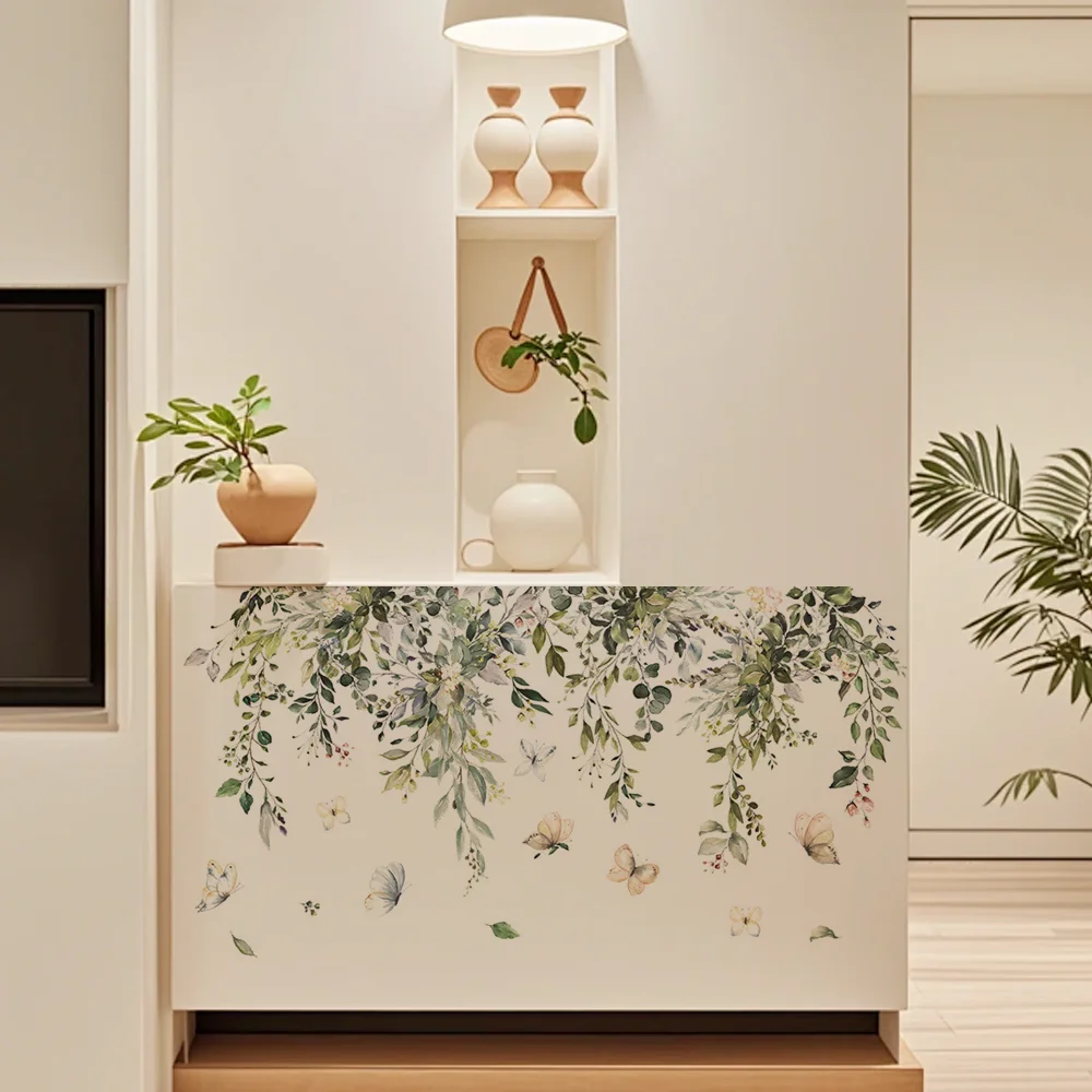 Watercolor Vines Butterfly Wall Stickers Removable Self-Adhesive Vinyl Decals For Home Decoration Greenery Art Bedroom Decor