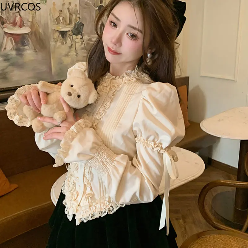 Victorian Elegant Lolita Blouses Women Sweet Lace Ruffles Bandage Puff Long Sleeve Shirts Korean Fashion Slim Vintage Gothic Top