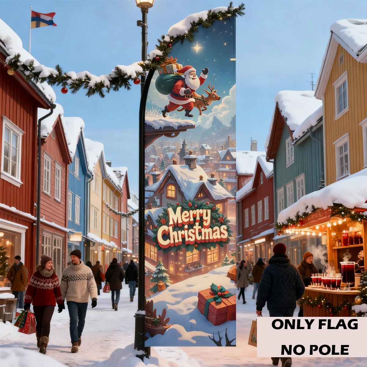 

1pc Christmas Feather Flag No Flagpole, "Merry Christmas" , Santa Claus and Reindeer Flying over Snowy Town, for Christmas Decor