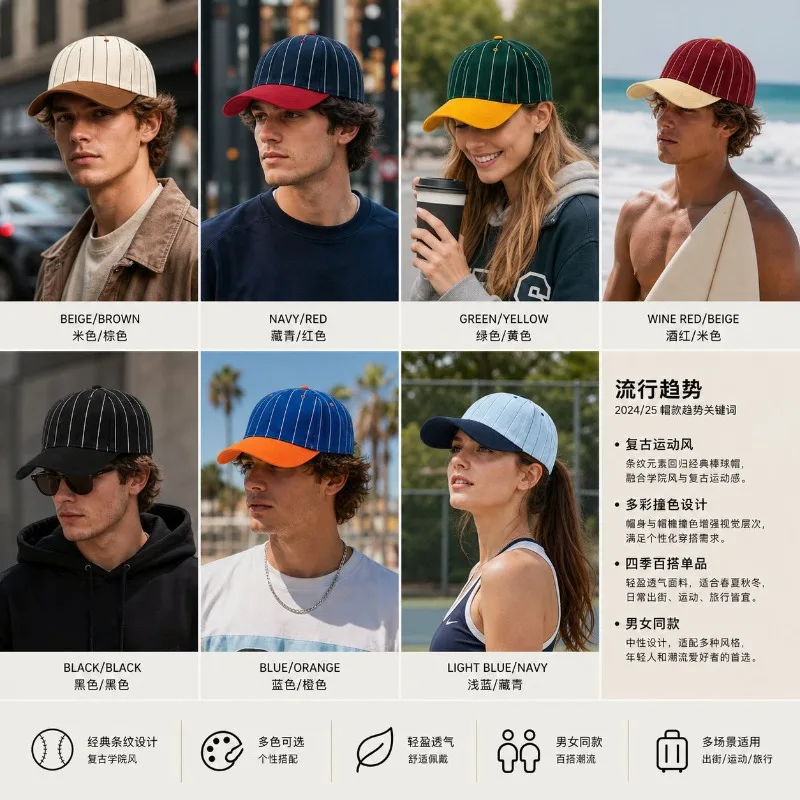 Custom Printed Embroidered Logo Stripe Contrasting Baseball Caps for Men and Women Outdoor Soft Top Visor Adjustable Trucker Hat