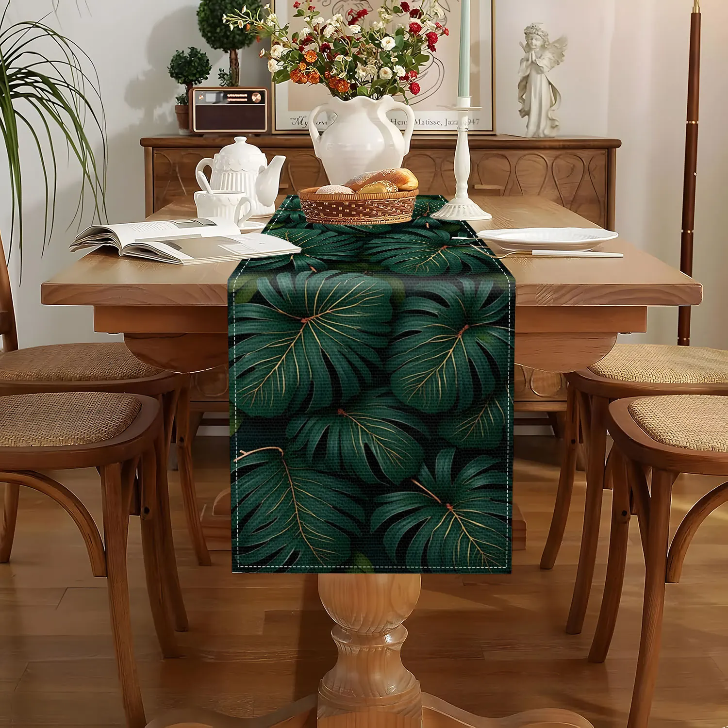 Tropical Style Theme Table Runner, with Dark Green Background, Monstera Leaf Pattern, Suitable for Tropical Theme Parties