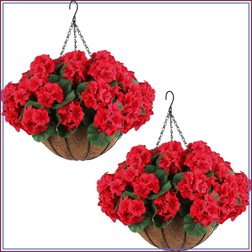 Hanging Basket Set with Red Artificial Geranium Flowers