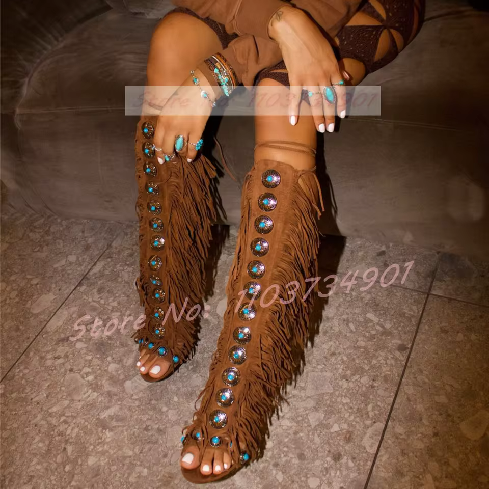 Tassels Open Toe Gems Knee High Sandals Women Gladiator Lace Up Faux Suede High Heels Shoes Ladies Trendy Party Chic Sandals - AliExpress 