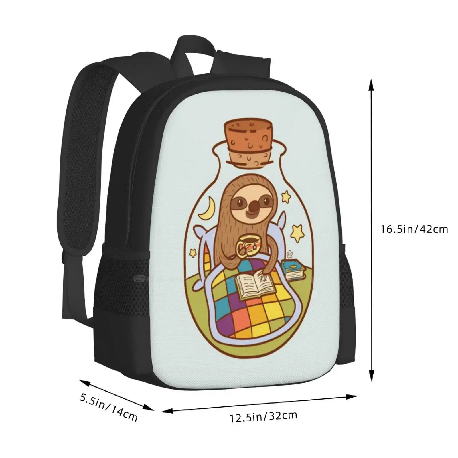 Sloth In A Bottle Hot Sale Backpack Fashion Bags Sloths Moon Stars Bedtime Tea Books Jar Cute Animal Nighttime