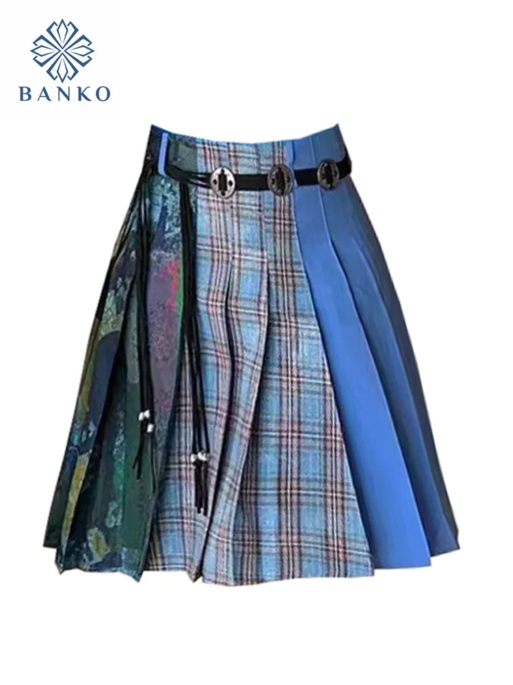 Japanese Japanese Fashion Blue Plaid Pleated Skirt Women Patchwork High Waist A-Line Skirt Harajuku Streetwear 2000s Aesthetic