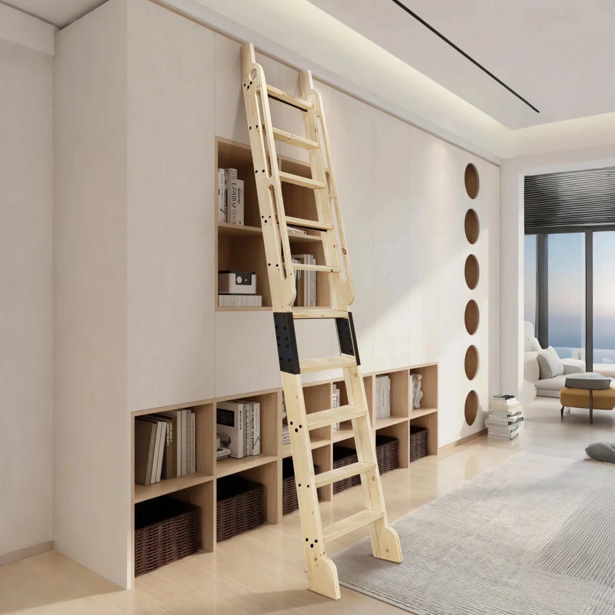 Natural Durable Solid Wood Library Step Ladder With Built-in Handrails