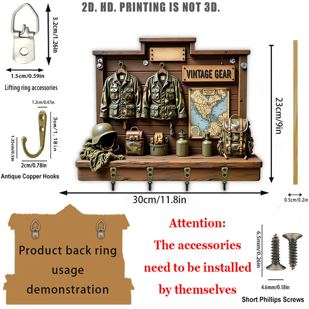 2D Flat, 1pc, Retro Military Style Key Hook, Wooden Multifunctional Home House Key Hook, with Four Metal Hooks, Wall