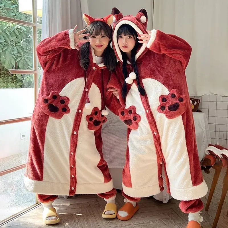 Red Fox Cosplay Hooded Robe With Pants 2 Piece Set Flannel Long Sleeve Thick Warm Soft Winter Nightdress Two-piece Set Pajamas