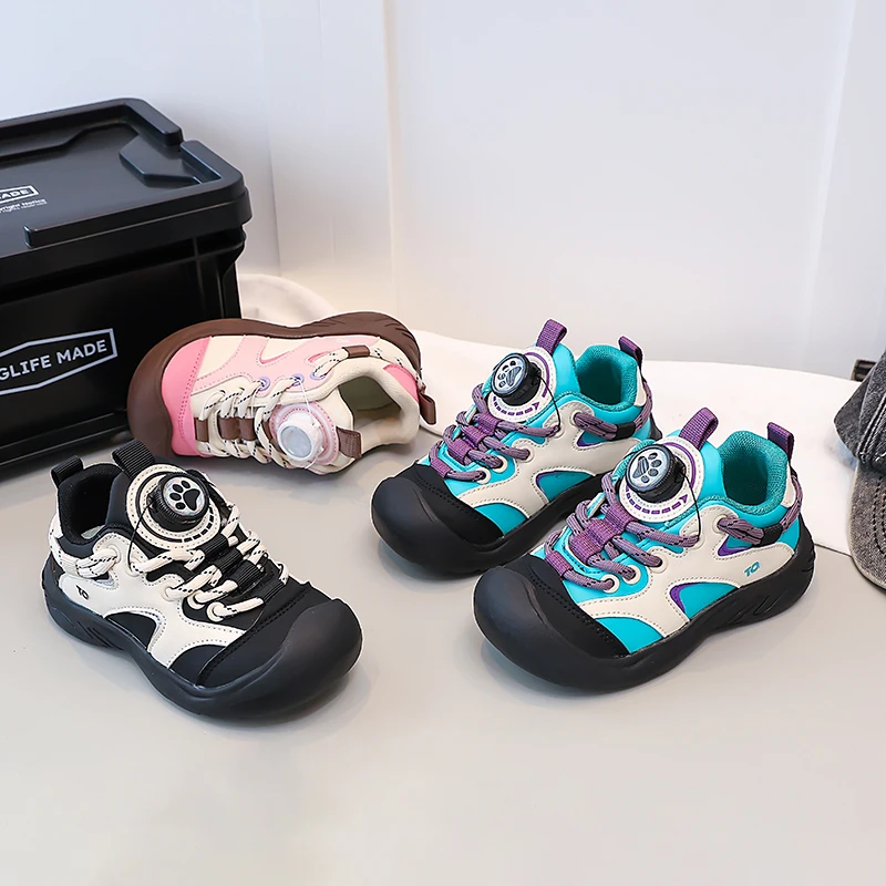 Kids Casual Shoes Toes Capped Rotating Button Boys Girls Tennis Shoes Soft Bottom 2025 Autumn New Children Sports Shoes Soft